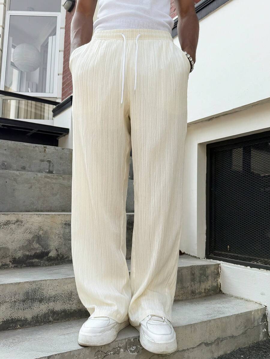 PAVTROS Young Street Textured White Men's Drawstring Waist Pocket Pants - White - View 1