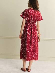 Écloséra 红色波点连衣裙，优雅女装，性感女士连衣裙，质感连衣裙，适合春夏穿着，开衩下摆女装，法式复古风连衣裙 - 紅色 - 查看 2