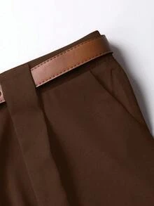 SHEIN Tall CURVE Große Größen TALL Serie Damen minimalistische plissierte gerade geschnittene Hose, geeignet für den Arbeitsweg - Braun - Übersicht 4