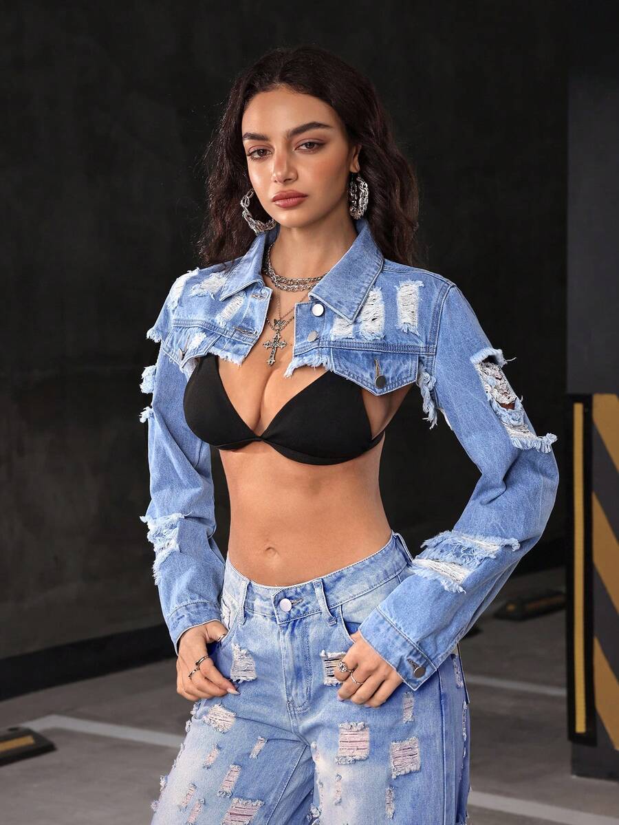 Jeanoix Women's Fashionable Sexy Distressed Super Short Denim Jacket, Summer - Light Wash - View 1