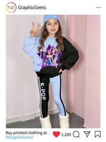 2pcs Young Girls Casual K-Pop Character Graphic Crew Neck Long Sleeve Sweatshirt And Knit Leggings Set, Girls Comfortable Daily Wear Outfit, Suitable For Autumn/Winter - Multicolor - View 7