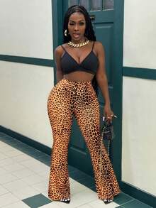 SHEIN SXY High Waisted Leopard Print Flare Pants Party Date Pants Leopard Print Pants Women's Pants - Yellow - View 4