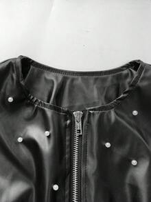 SHEIN PETITE 娇小女款铆钉装饰圆领街头朋克风短款PU皮夹克 - 黑色 - 查看 8