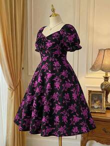 Pretty and Ole Plus Size Women Floral Print V-Neck Short Sleeve Knee-Length Dress - Purple - View 9
