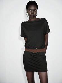 Lumivelle Women's Mini Dress, Batwing Sleeve Off-Shoulder Metallic Velvet Belt, Minimalist Chic Versatile Everyday Commute Dress, Spring/Summer - Black - View 4