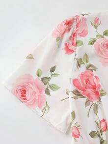 GlowEve 女士玫瑰印花V领A字短袖连衣裙，优雅百搭，适合日常、度假、通勤、情人节约会、法式街头风、复古风、派对等场合，白色底色搭配粉色玫瑰图案，早春/春夏新款长裙 - 彩色 - 查看 8