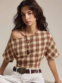 Easelle 2026 Women's Plaid Batwing Sleeve Casual Loose Top, Red Off-Shoulder Plaid Blouse, Red Short Sleeve Retro Top - Red - View 3