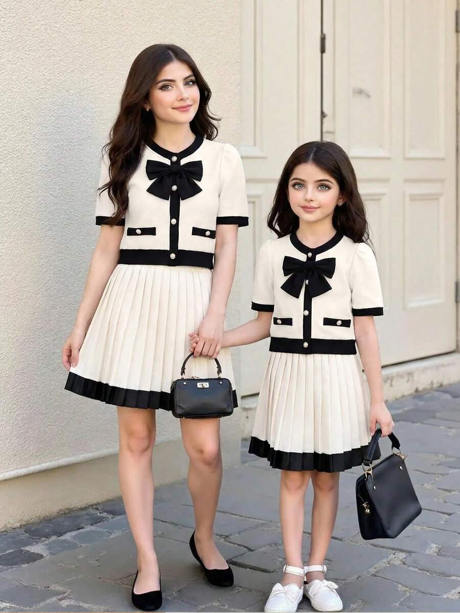 Tween Girl Spring/Summer V-Neck Bowknot Rhinestone Button Top And High Waist Pleated Mini Skirt Set, Elegant And Chic Outfit For Daily Wear, Party, Commute - Multicolor - View 1