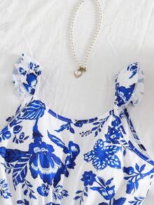 Mono informal y lindo con volantes y lazo para niñas, de verano - Azul - Ver 6