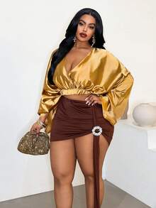 Maweii Plus Size Women Deep V-Neck Ruffle Top And Ruffle Mini Skirt Casual 2-Piece Set - Multicolor - View 4