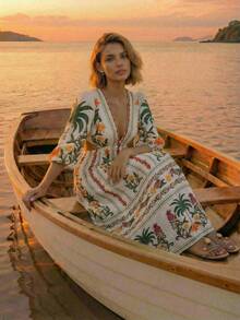 CAJUNI 热带度假可爱刺绣长裙 - 杏色 - 查看 1