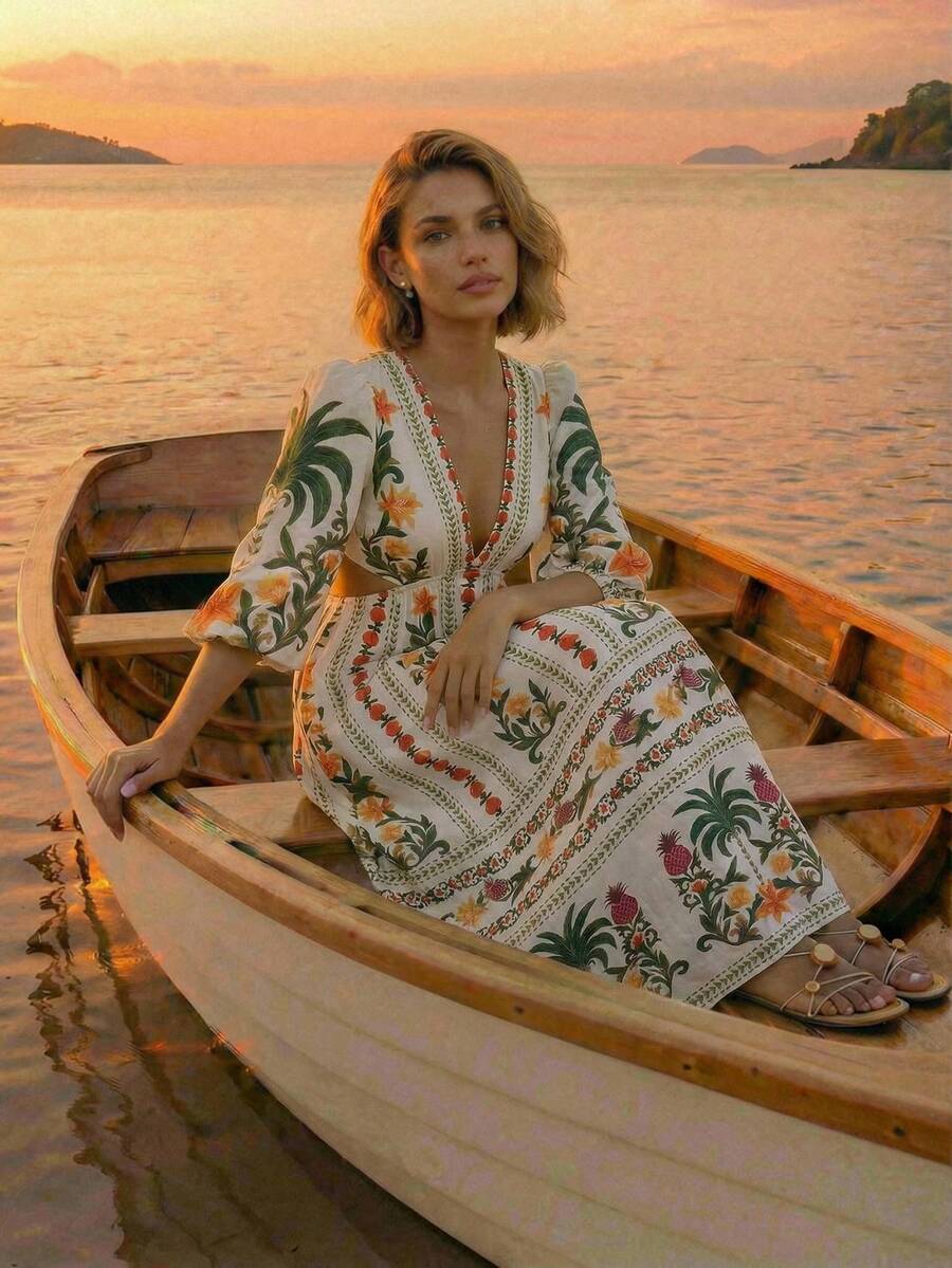 CAJUNI 热带度假可爱刺绣长裙 - 杏色 - 查看 1