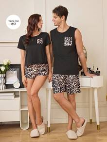 SHEIN Conjunto de pijama de cuello redondo sin mangas con estampado de leopardo y parches para hombre - Multicolor - Ver 4