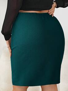 SHEIN Tall CURVE 大码女式夏季休闲/办公通勤纯色高腰褶裥修身铅笔裙 - 綠色 - 查看 2