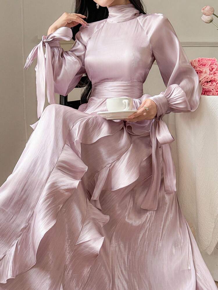 Women's Solid Color High Neck Raglan Long Sleeve Ruffle Hem Elegant Dress Sundress