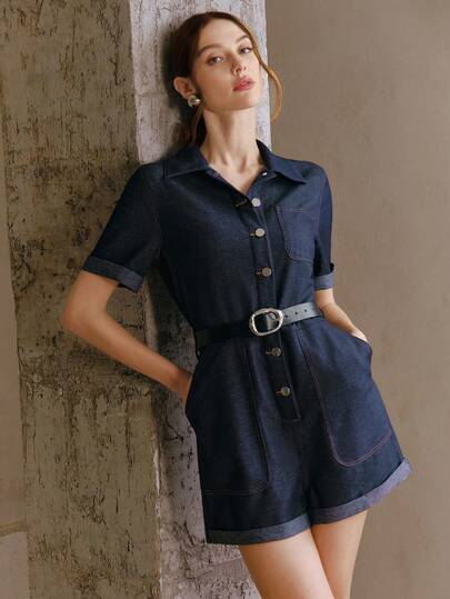Anewsta Women's Elegant, Mother's Day, Shirt Collar + Metal Buckle Design, Adjustable Waist Tie, Single Chest Pocket + Dual Side Pockets, Casual Jumpsuit For Daily Wear, Afternoon Tea, Etc. Navy Blue Short Sleeve