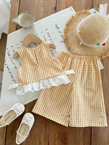 SHEIN LMoss Kids Babygirl Summer Cute Pink & White Plaid Ruffle Sleeveless Top And Elastic Waist Loose Pants Set - Yellow - View 2