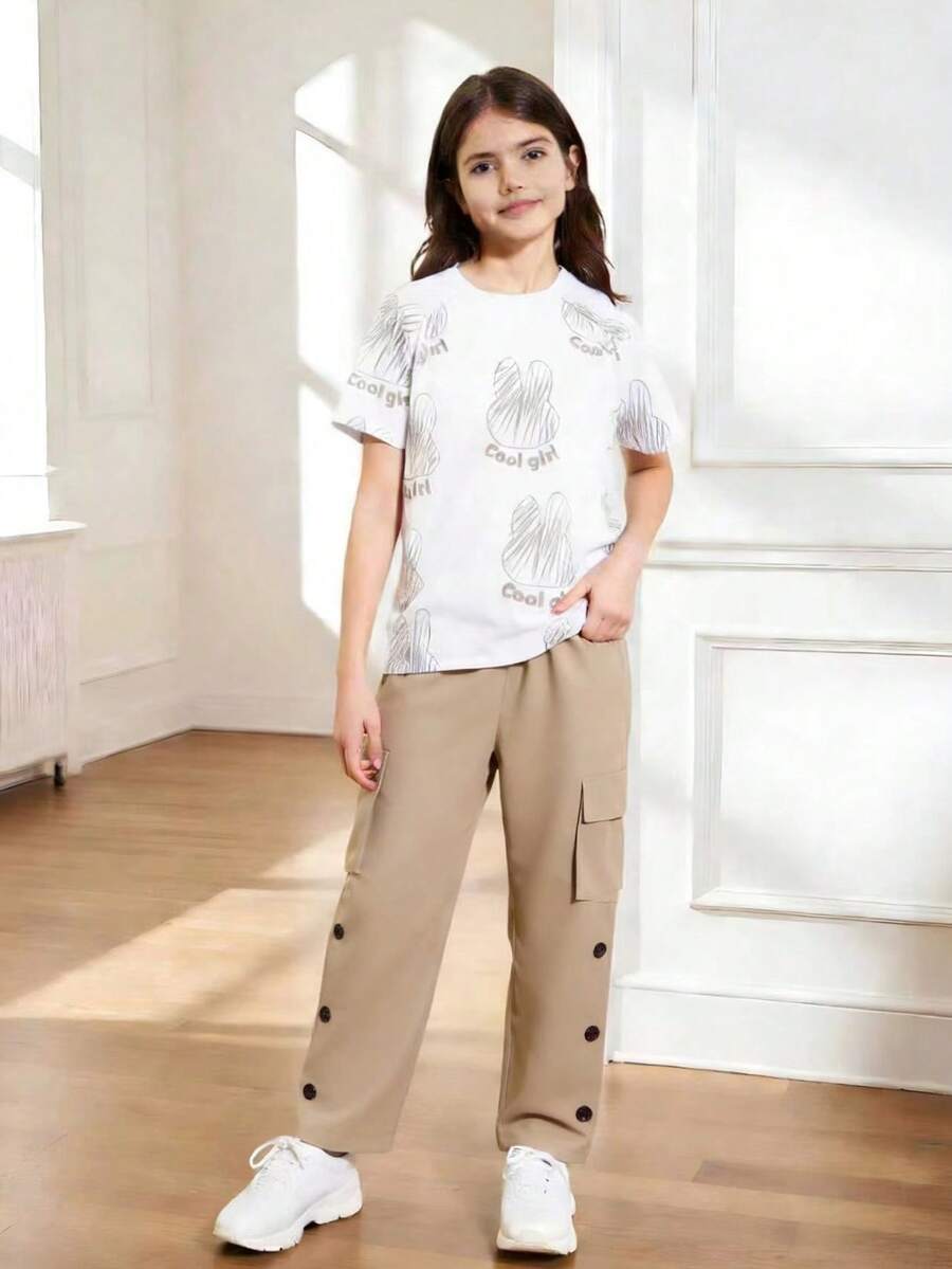 SHEIN Tween Girl' Fashion 3D Printed T-Shirt And Cargo Pants Set, Burgundy Summer Holiday - Khaki - View 1