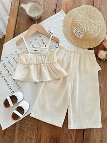 SHEIN LMoss Kids 女婴度假休闲可爱杏色蝴蝶结吊带背心和松紧腰裤套装 - 杏色 - 查看 2