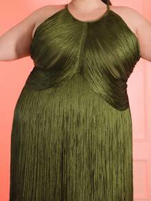 Pretty and Ole 圣诞限量版加大码女式绿色流苏绷带连衣裙，优雅修身显瘦高端派对长裙 - 軍綠色 - 查看 3