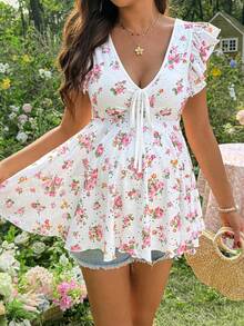 SHEIN 夏季孕妇休闲V领短袖印花T恤 - 粉色 - 查看 7