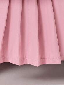 Ensemble T-shirt court en tricot à col rond avec imprimé nœud mignon de style Y2K pour filles + Jupe mini plissée de couleur unie - Rose bonbon - Voir 4