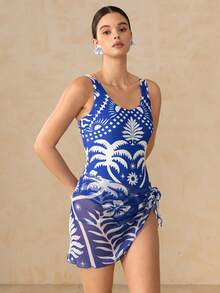 Swim Oasis Women's Palm Tree Print Fashionable One-Piece Swimsuit With Matching Cover-Up Skirt For Vacation - Navy Blue - View 4