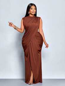 SOLERSUN 大码女装时尚经典纯色修身优雅立领无袖高开衩及大腿连衣裙，多种打结、褶裥设计，毕业礼服、舞会礼服、万圣节礼服、派对礼服，简约通勤日常百搭，适合返校季、毕业季、新年、跨年夜、秋季、春季、夏季穿着。 - 咖啡棕 - 查看 6