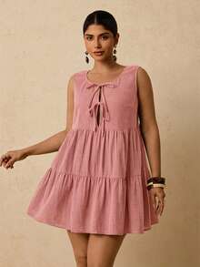 Travachic Plus Size Casual Versatile Black Cotton Front Tie Bow Sleeveless Short Dress - Pink - View 4