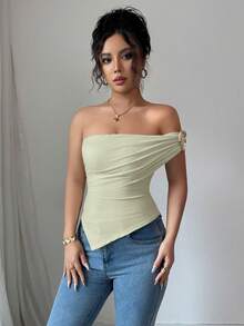 Rafferiza 女士夏季不对称下摆装饰肩部衬衫，优雅修身款上衣 - 薄荷綠 - 查看 3