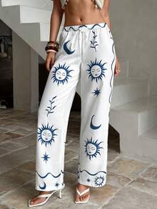 Aloruh Vacation Print Elastic Waist Straight Leg Casual Pants - Blue and White - View 6