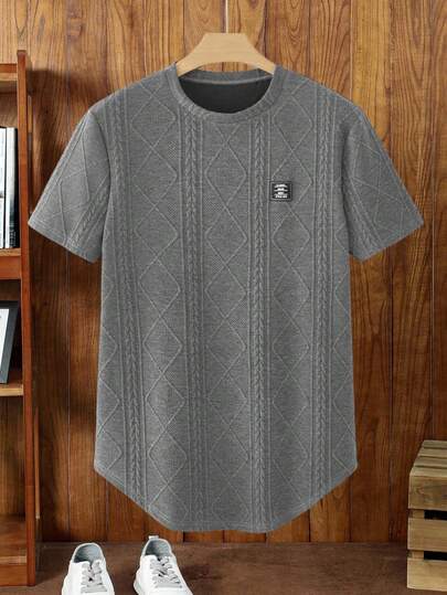 HIMLAND Men's Letter Graphic Round Neck Short Sleeve Casual Versatile T-Shirt ,Men's Short Sleeve Cable Knit Texture T-Shirt ,Geometric Diamond Pattern Crew Neck Tee ,Casual Curved Hem Streetwear Shirt ,Soft Waffle Fabric Muscle Fit Top ,Summer Breathable Jacquard Knitwear ,Solid Grey Tee With Logo Patch ,Fashion Longline T-Shirt For Men ,Men's Textured Jacquard T-Shirt - Short Sleeve Crew Neck Top With Curved Hem - Casual Diamond Pattern Knit Look Tee Grey Knit Short Sleeve Mens Casual Tops Knit Tshirt