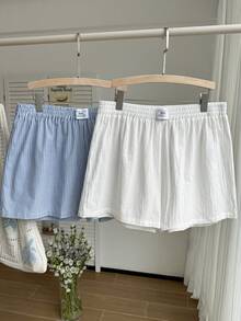 Comfortcana 2pcs Set Solid Color Linen Striped Drawstring Casual Vacation Plus Size Shorts Summer Shorts - Multicolor - View 3