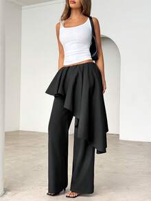 Siren Gaze 女士休闲纯色二合一阔腿裤 - 黑色 - 查看 5