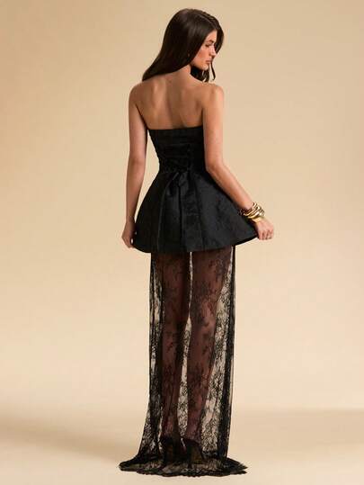 SHEIN BAE 2pcs Black Cropped Bustier Top Paired With Lace Trim Mini Skirt, Suitable For Dates, Graduations, Concerts, Bridesmaid Dresses, Weddings, Romantic Occasions, Minimalist Style, Elegant For Daily Wear, Asymmetrical Shoulder Black Dress, Strapless 2-Piece Set, Strapless + Sheer Midi Skirt 2-Piece Set