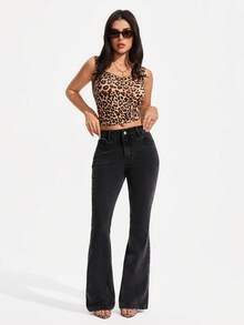 SHEIN PETITE Women Casual Street Fashionable Simple Plain Flared Jeans - Black - View 6