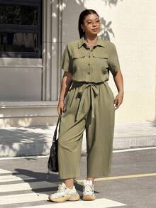 Muchica Plus Size Women's Solid Color Short Sleeve Button Design Cargo Pocket Jumpsuit, Spring/Summer - Army Green - View 5