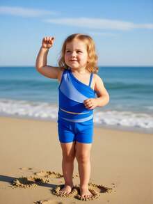 1件装女童海军蓝和浅蓝色撞色弹力舒适针织泳衣套装，适合海滩、泳池、海边、度假、夏季、旅行 - 藍色 - 查看 4