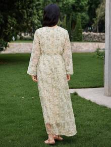 DAZY 春夏休闲修身度假风欧根纱亮片优雅新年圣诞婚礼派对宴会舞会礼服，V领印花网纱拼接长款连衣裙 - 薄荷綠 - 查看 13