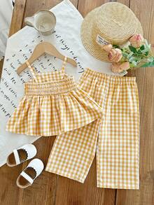 SHEIN Babygirl Cute Plaid Camisole Top And Elastic Waist Pants Set, Summer - Yellow - View 8