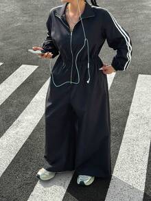 Muchica 大码女式侧条纹拉链阔腿休闲连体裤 - 彩色 - 查看 6