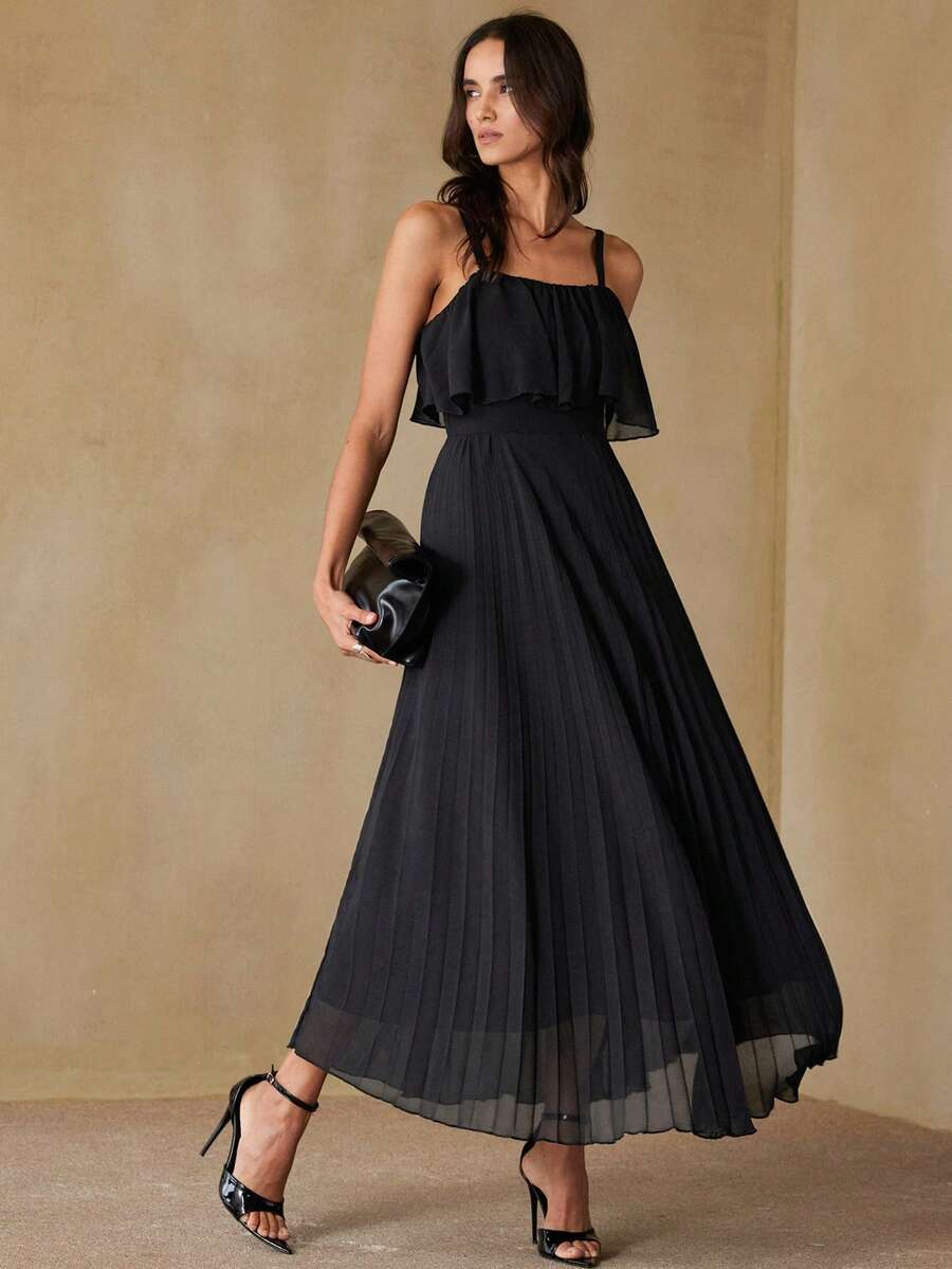 Femmeiva Black Summer Elegant Party Night Spaghetti Strap Pleated Maxi Dress,High-Waisted Chiffon Sleeveless Ruffle Hem Gown For Evening Gala,Dates&Gatherings - Black - View 1