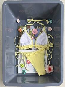 Swim Mod 2pcs/Set Girls Special Fabric Spaghetti Strap Crop Top With Ruffle Trim Triangle Panty - Yellow - View 7