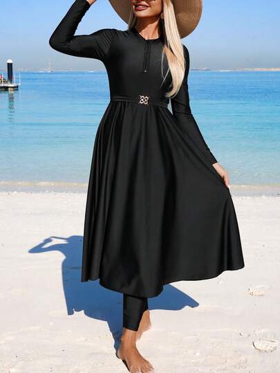 Swim Mulvari Damen Einfarbiges Reißverschluss Halb Plakette Metall Dekor Langarm Top und Hose Urlaub Strand Burkini Set