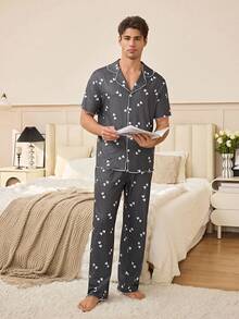 SHEIN Striped Heart Print Button Up Cardigan Casual Loungewear Pajama Set For Men - Black - View 6