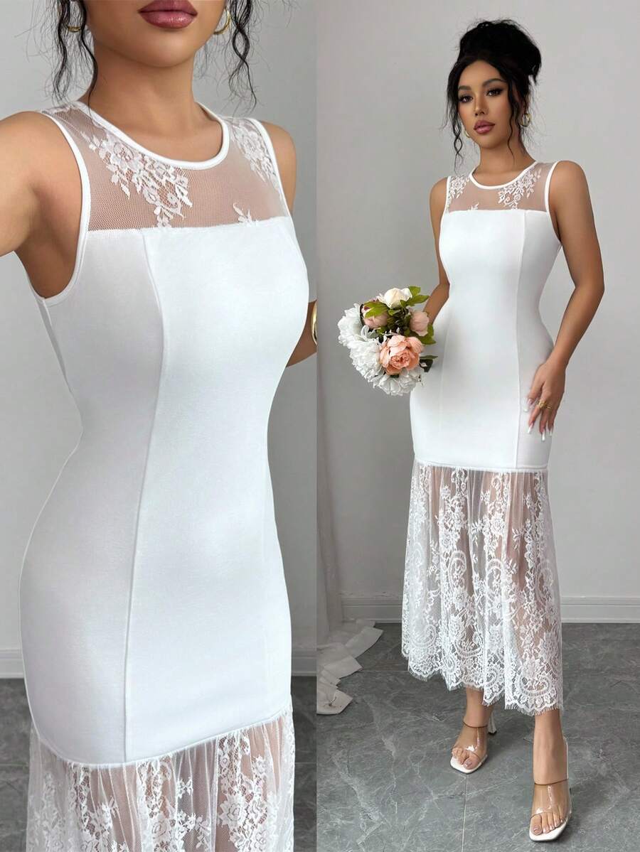 SHEIN Elenzya 优雅黑色蕾丝网纱连衣裙，时尚性感，适合日常穿着、婚礼季派对、夏季派对、海滩度假、浪漫约会，最新款式 - 白色 - 查看 1