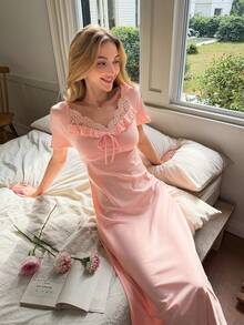 SHEIN Women's V-Neck Short Sleeve Contrast Lace Bow Nightgown - Coral Pink - View 7