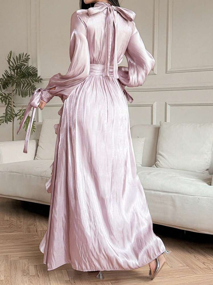 Women's Solid Color High Neck Raglan Long Sleeve Ruffle Hem Elegant Dress Sundress