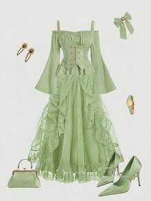 SHEIN MOD Green Lace Mesh Ruffle Hem Gothic Style Mini Skirt - Green - View 5