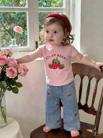 SHEIN 女婴休闲可爱粉色蝴蝶结印花短袖上衣和荷叶边蝴蝶结牛仔裤套装，夏季